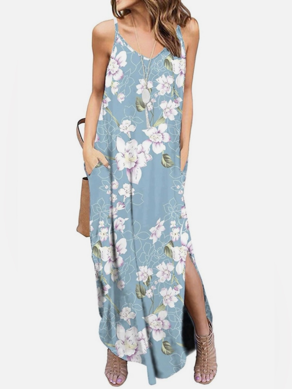 Light Blue Floral Maxi Dress with Pink Blossoms